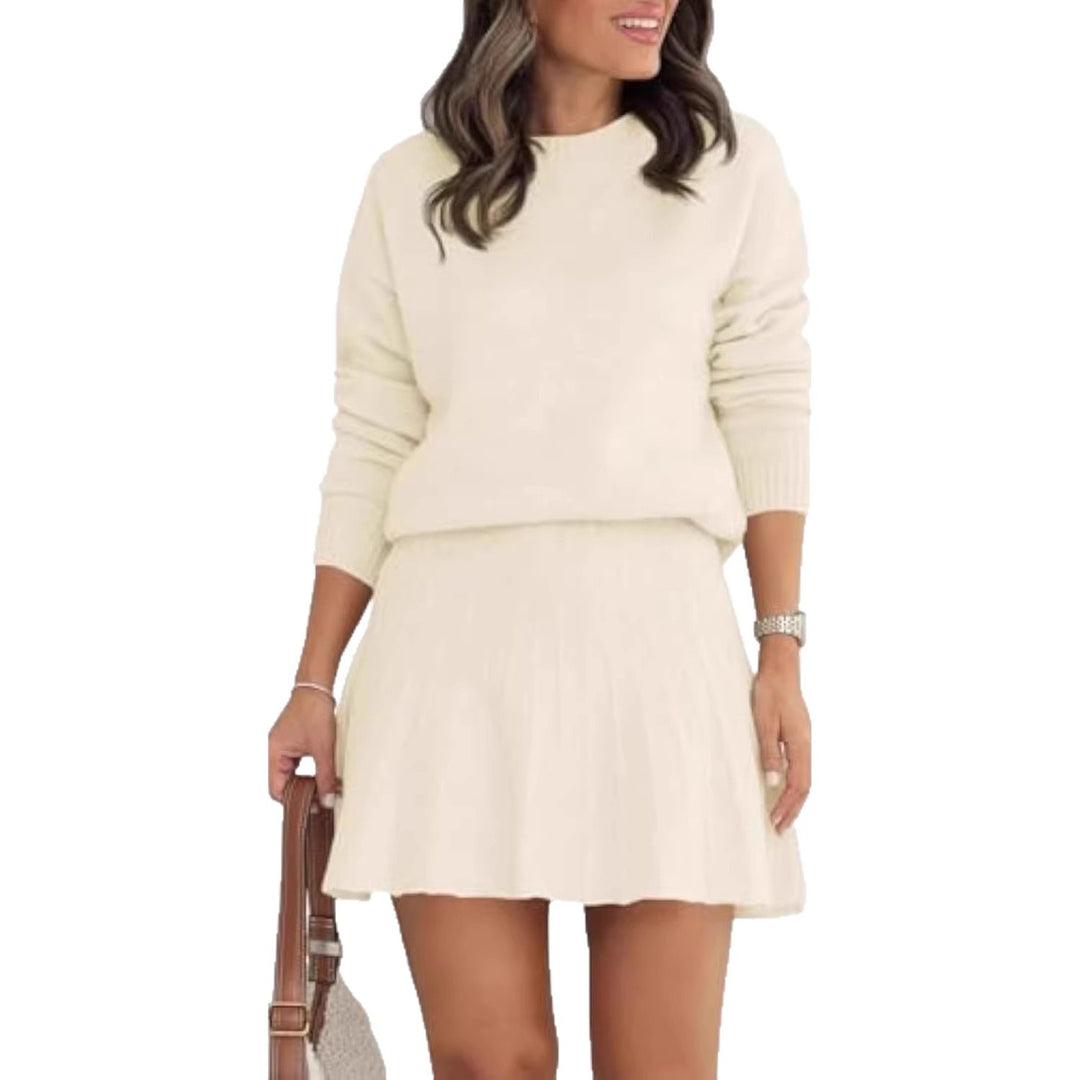 Damen Zweiteiliges Strick-Set mit Rundhals-Pullover und Plissée-Minirock – Élanora