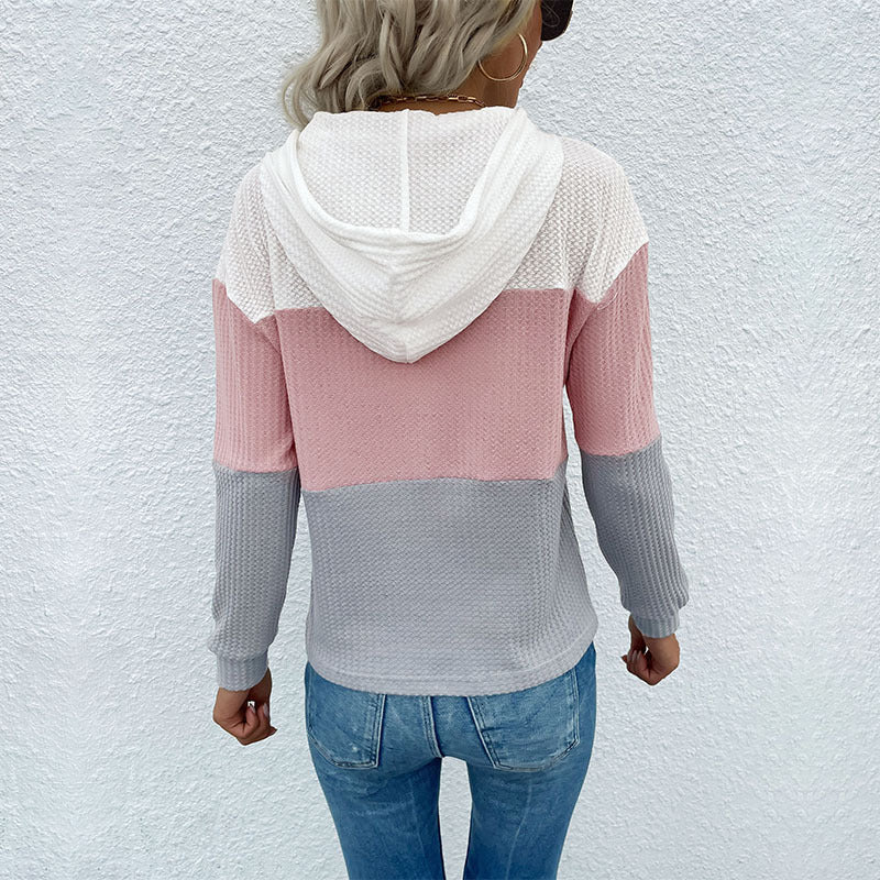 Damen Strukturierter Waffelstrick-Kapuzenpullover mit Colorblock, Tunnelzug und lässiger Passform Echoarchiv