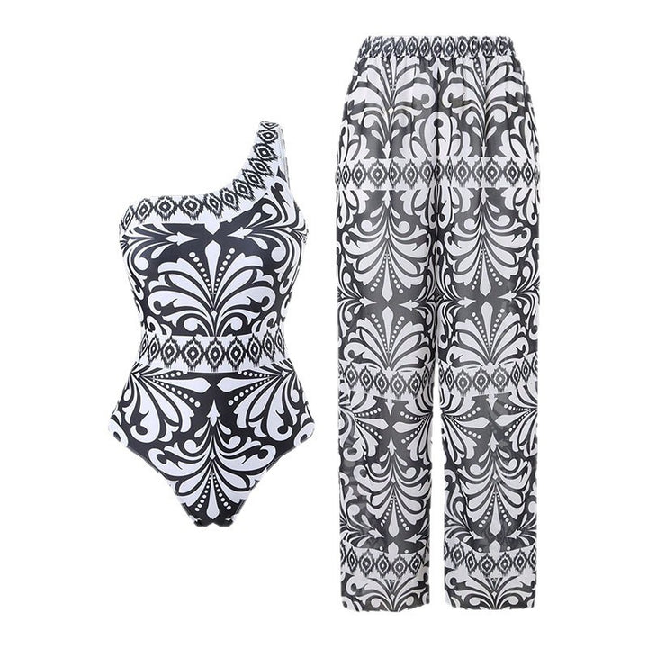 Damen einteiliger Badeanzug mit farbenfrohem Druck und passender Palazzo-Hose Echo Archiv