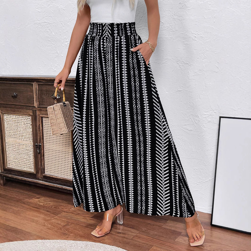 Damen Weite Palazzo-Hose mit hohem Smockbund, Seitentaschen & grafischem Streifenmuster – Avérine