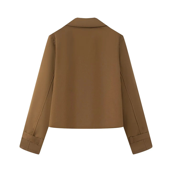 Damen kurz geschnittener Cropped Trenchcoat mit doppelreihiger Knopfleiste und verstellbaren Ärmelriemen – Montévia