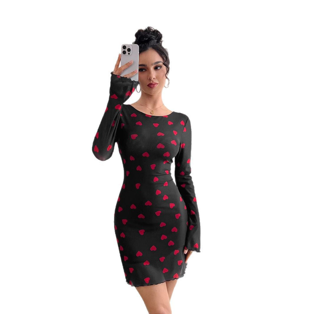 Damen nan figurbetontes Mini-Kleid aus feinem Netzstoff mit Herzmuster und Trompetenärmeln Echo Archiv