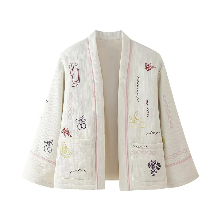 Damen gesteppte Kimono-Jacke mit dekorativer Stickerei, aufgesetzten Taschen und lässigem Oversize-Schnitt – Célinea