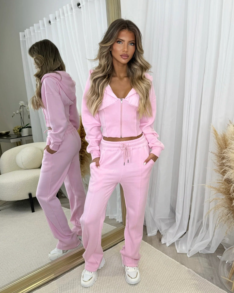 Damen Zweiteiler aus Sweat mit Cropped Kapuzenjacke und High-Waist Jogginghose – Élanora