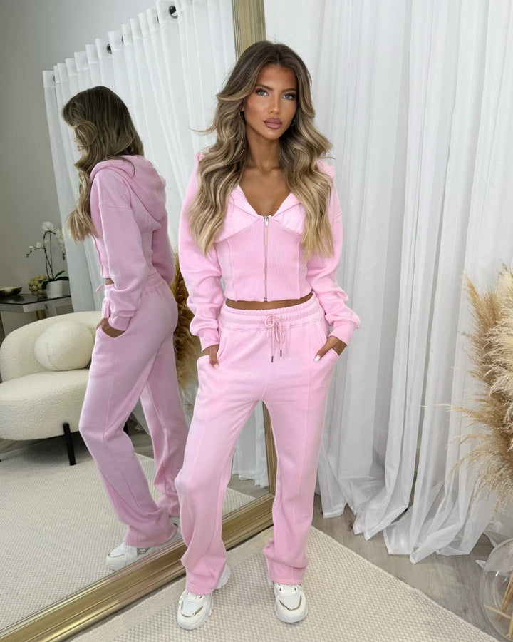 Damen Zweiteiler aus Sweat mit Cropped Kapuzenjacke und High-Waist Jogginghose – Élanora
