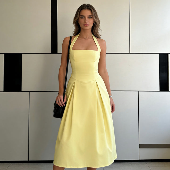 Damen Elegantes Midikleid mit tiefem V-Ausschnitt und stilvollem Faltenrock Echo Archiv