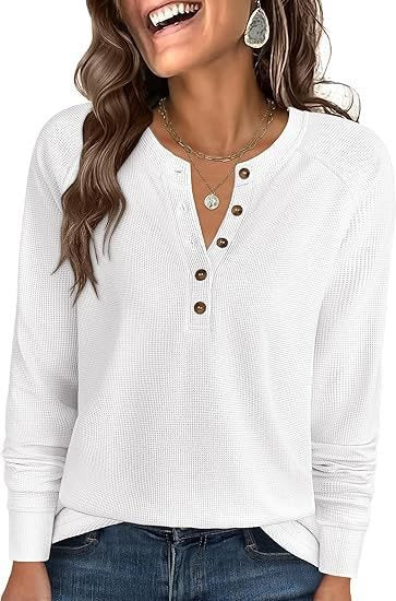 Damen Waffelstrick-Henley-Longsleeve mit Knopfleiste, Raglanärmeln und gerippten Bündchen Echo Archiv