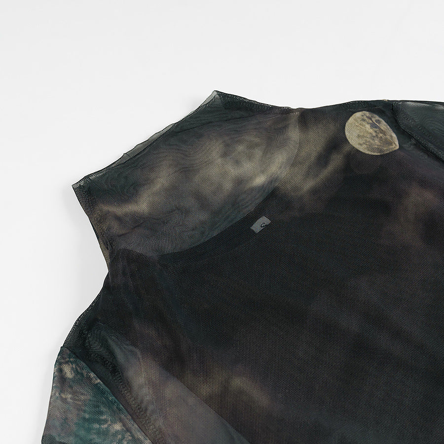 Damen langes Mesh-Maxikleid mit langen Ärmeln, hohem Rundhalsausschnitt und mystischem Mondprint – Valéora