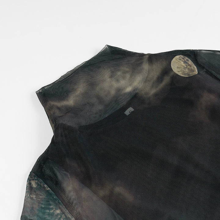 Damen langes Mesh-Maxikleid mit langen Ärmeln, hohem Rundhalsausschnitt und mystischem Mondprint – Valéora