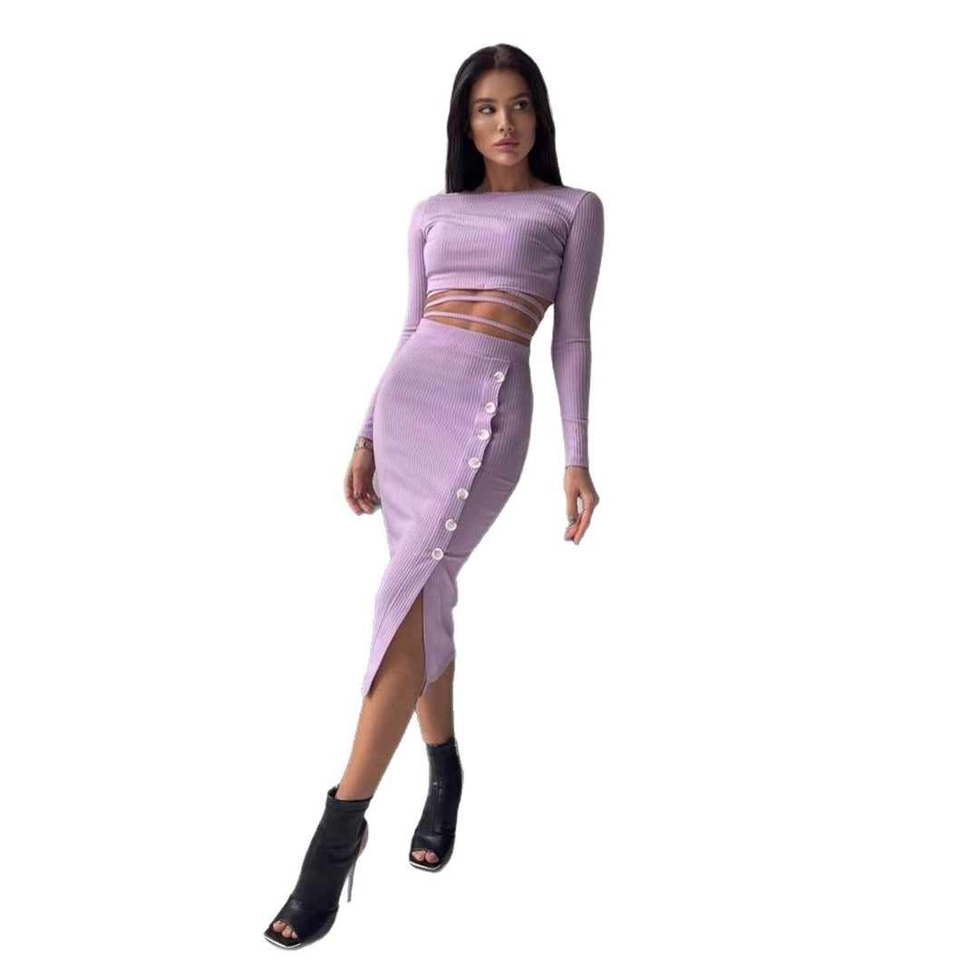 Damen Geripptes zweiteiliges Set mit Cropped-Langarmtop, Wickelband und taillenbetontem Knopf-Midirock Echoarchiv