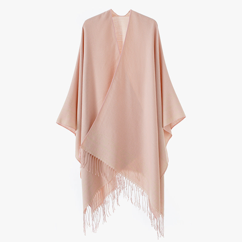 Damen Überwurfponcho aus Wollmix mit dezentem Jacquardbordüren‑Muster und Fransensaum – Montévia