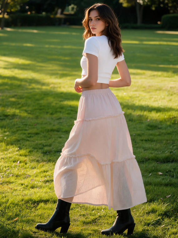 Damen Luftiger Stufenrock mit elastischem Bund und transparenter Chiffon‑Optik – Rosévia