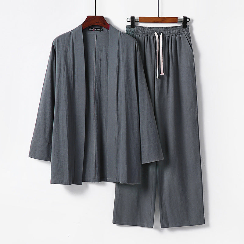 Herren Lockeres Kimono-Loungewear-Set aus leichter Baumwollmischung mit elastischer Kordelhose Echoarchiv