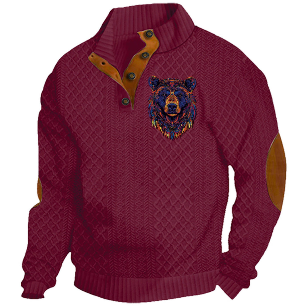 Herren nan Heritage-Strukturpullover mit Stehkragen Lederimitat-Besatz Ellenbogen-Patches und Halbknopfleiste Echo Archiv