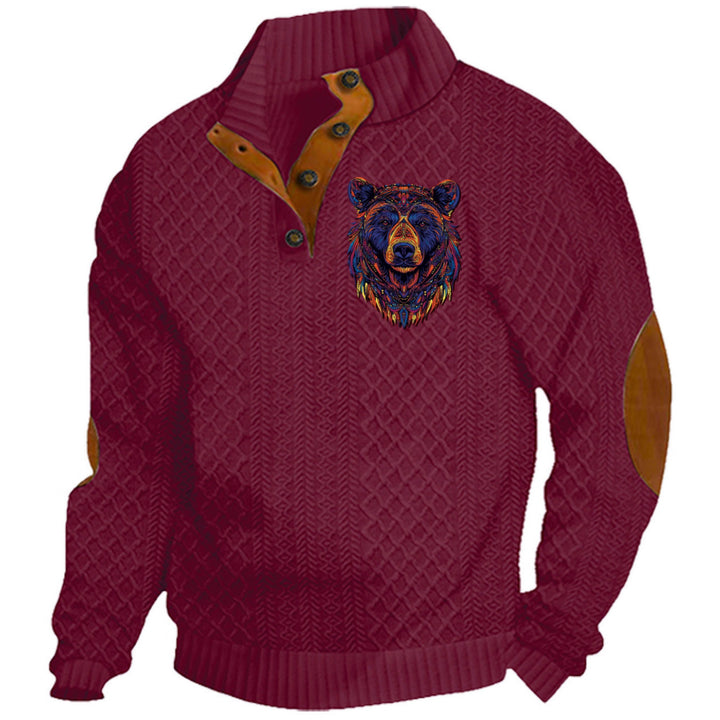Herren nan Heritage-Strukturpullover mit Stehkragen Lederimitat-Besatz Ellenbogen-Patches und Halbknopfleiste Echo Archiv