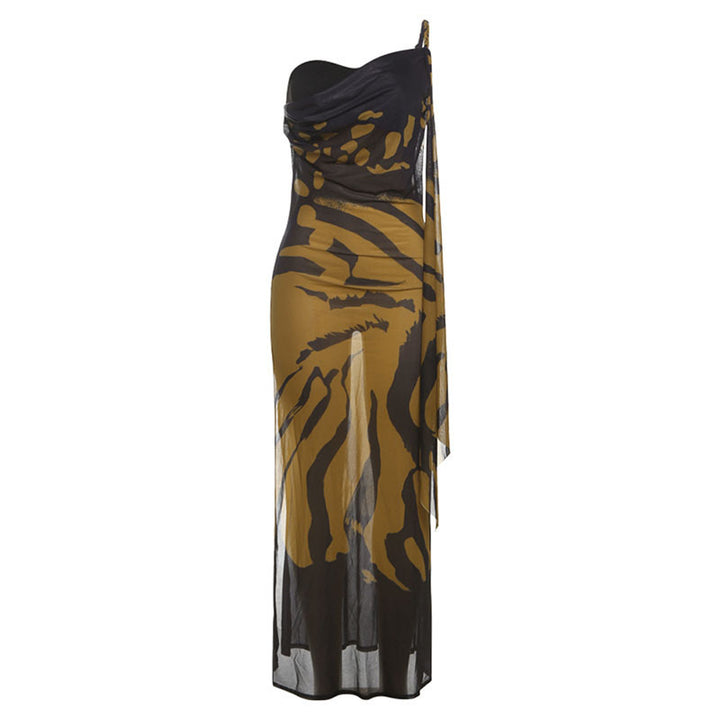 Damen Elegantes ärmelloses Maxikleid mit asymmetrischem Schnitt und tierischem Muster Echo Archiv