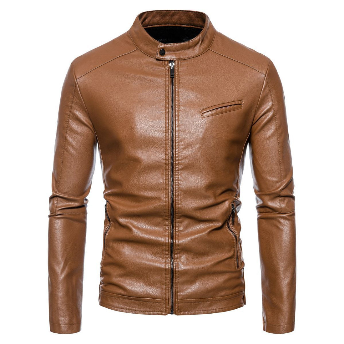 Herren Schmale Kunstleder-Bikerjacke mit Stehkragen, Innenfutter aus Kunstfell und Reißverschlusstaschen Echo Archiv