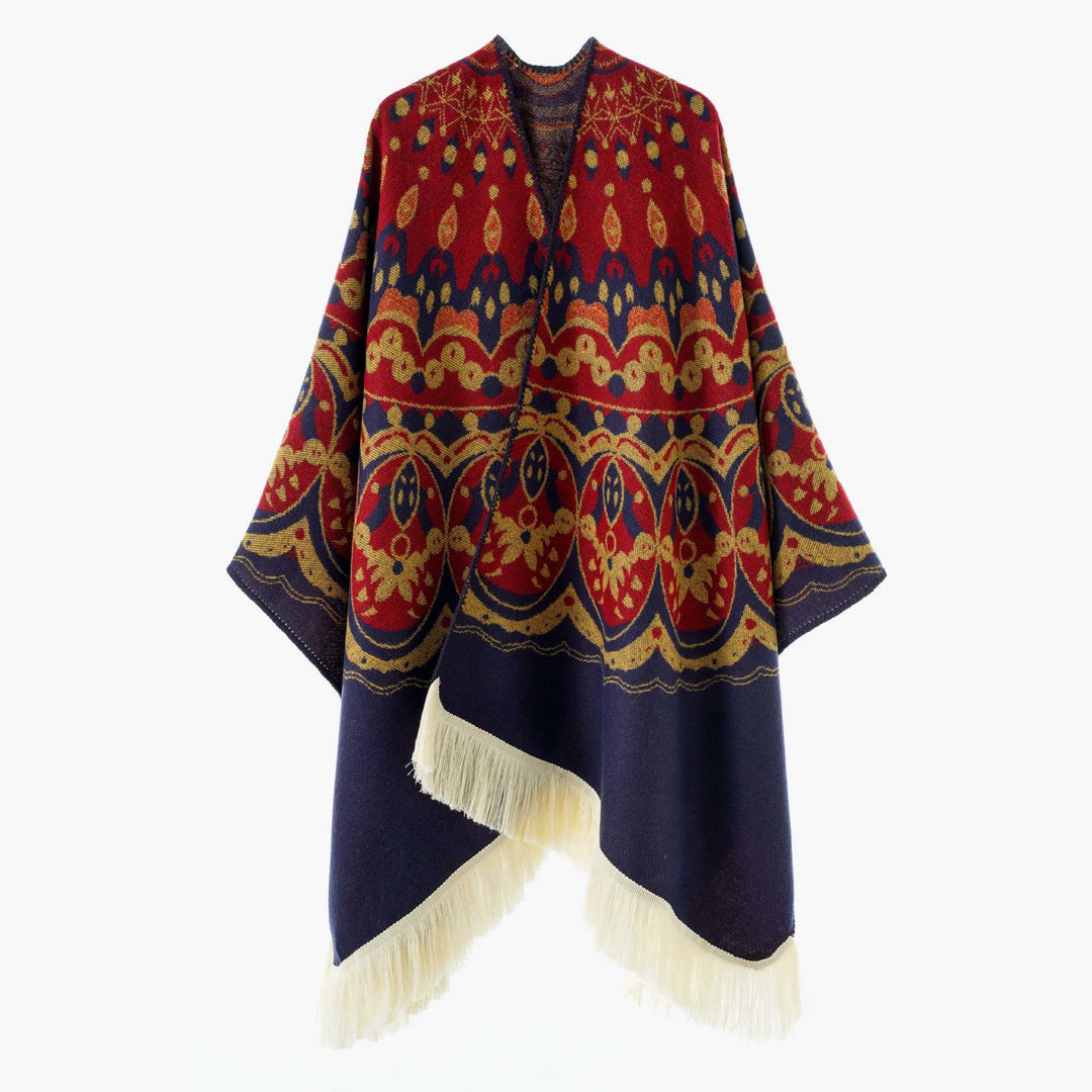 Damen Gewebter Jacquard-Poncho mit V-Ausschnitt, Ethno‑Print und Fransen – Avérine