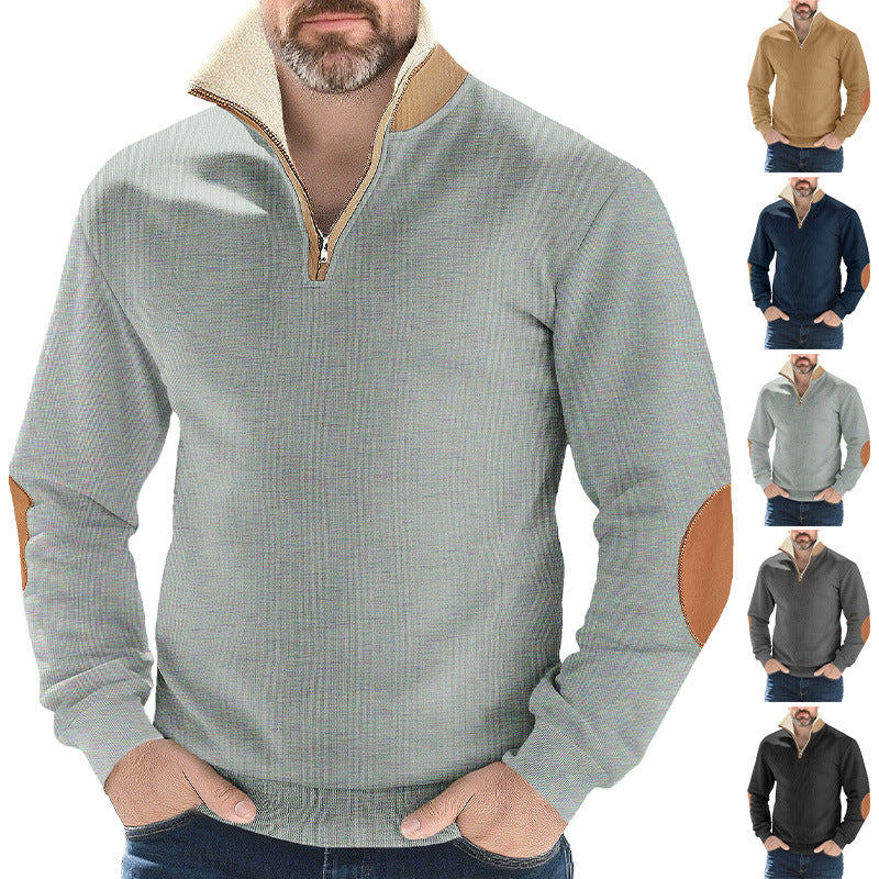 Herren Mikrofleece-Pullover mit Stehkragen und kontrastierenden Ellbogen-Patches Echoarchiv