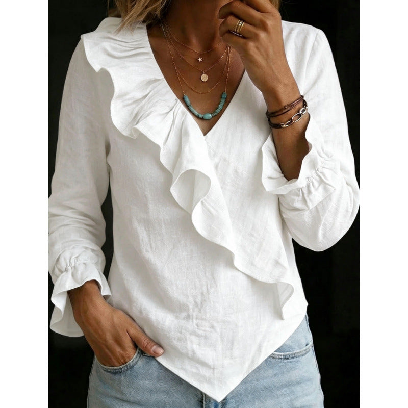 Damen Volant‑Bluse im Leinenlook mit Wickeloptik und asymmetrischem Zipfelsaum Echoarchiv