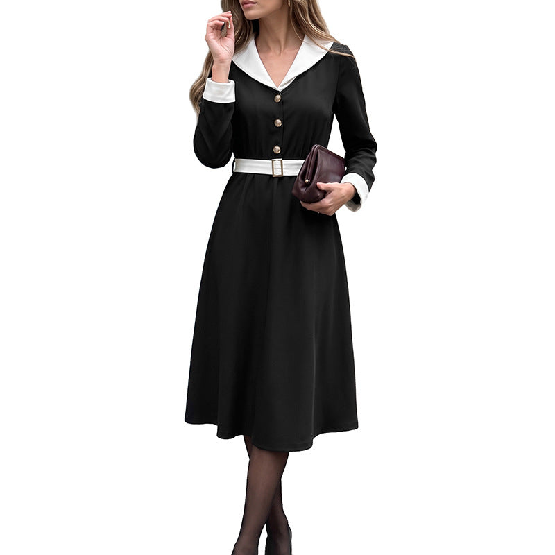 Damen Vintage-inspiriertes A-Linien Midikleid mit kontrastierendem Reverskragen, Taillengürtel und goldenen Zierknöpfen – Élara