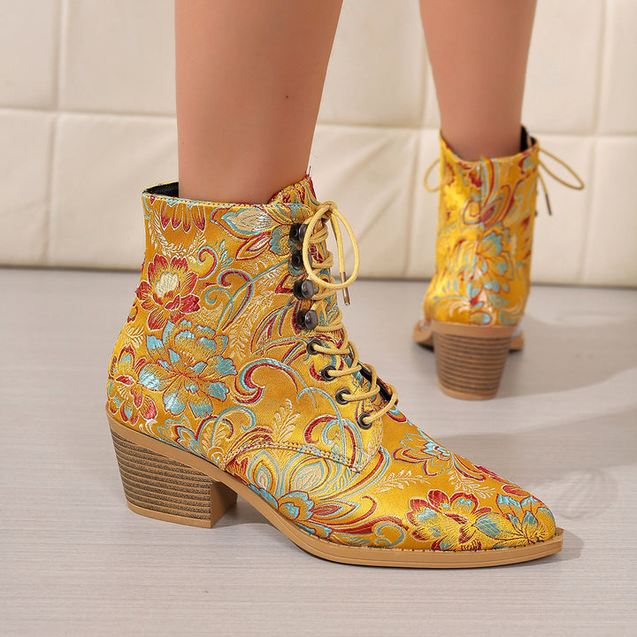 Damen bestickte Schnür-Stiefelette mit Jacquard-Brokatmuster und niedrigem Blockabsatz Echo Archiv