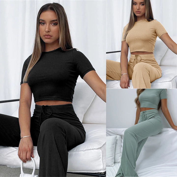 Damen Geripptes Crop-Set aus Stretch‑Jersey mit taillenhoher Kordel-Hose – Élanora