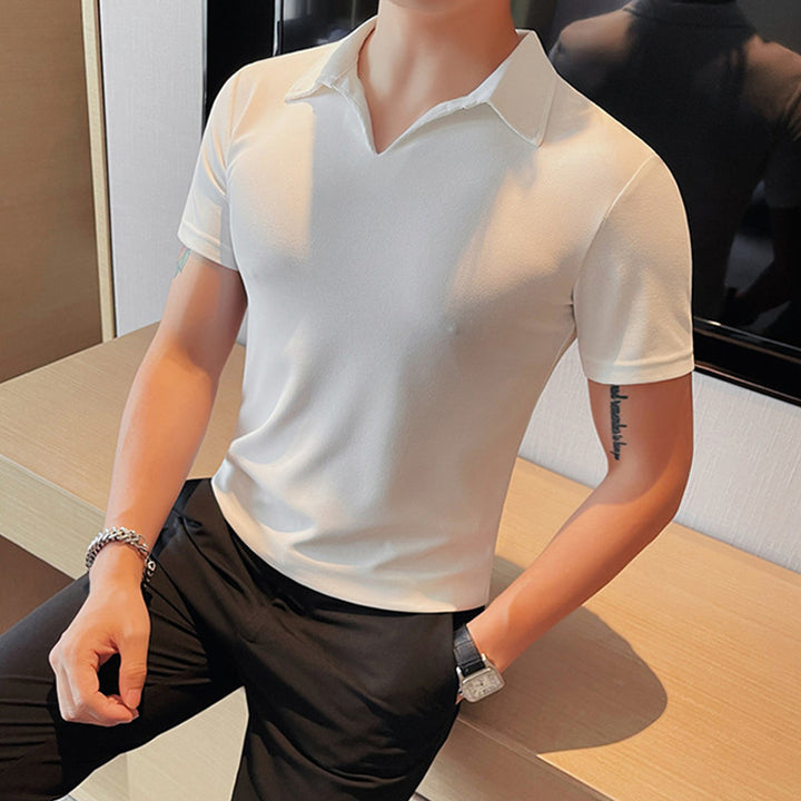Herren Polo T-Shirt mit modernem V-Ausschnitt und atmungsaktiver Struktur Echoarchiv