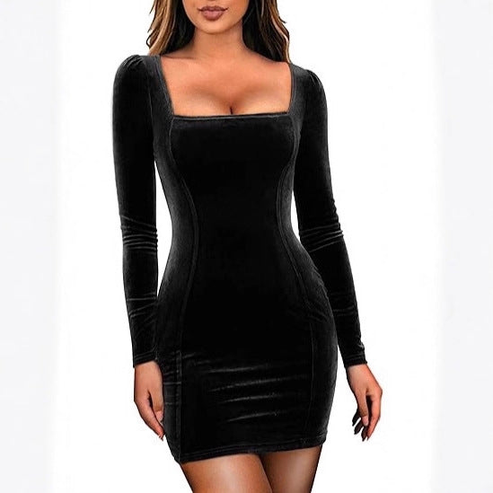 Damen Figurbetontes Samt-Minikleid mit quadratischem Ausschnitt und leichten Puffärmeln – Élara
