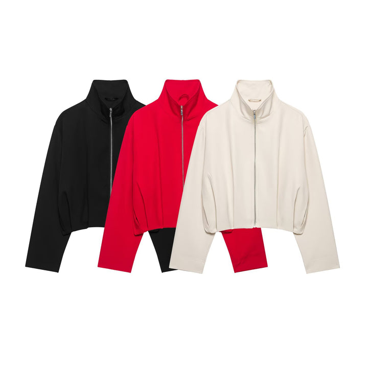 Damen Cropped-Boxy-Jacke mit hohem Stehkragen und durchgehendem Reißverschluss Echoarchiv