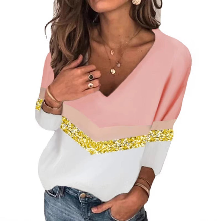 Damen Stylischer V-Ausschnitt Feinstrickpullover mit Glitzerband und Colorblock-Einsatz Echoarchiv