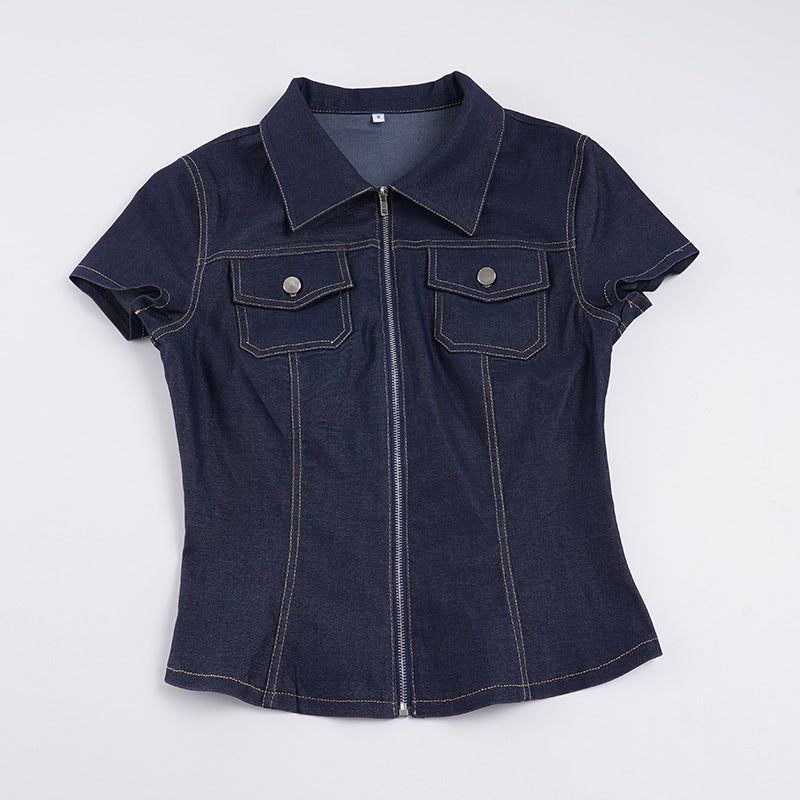 Damen Kurzarm Denim-Bluse mit modischer Zip-Detailierung und Brusttaschen Echo Archiv