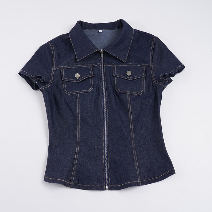 Damen Kurzarm Denim-Bluse mit modischer Zip-Detailierung und Brusttaschen Echo Archiv