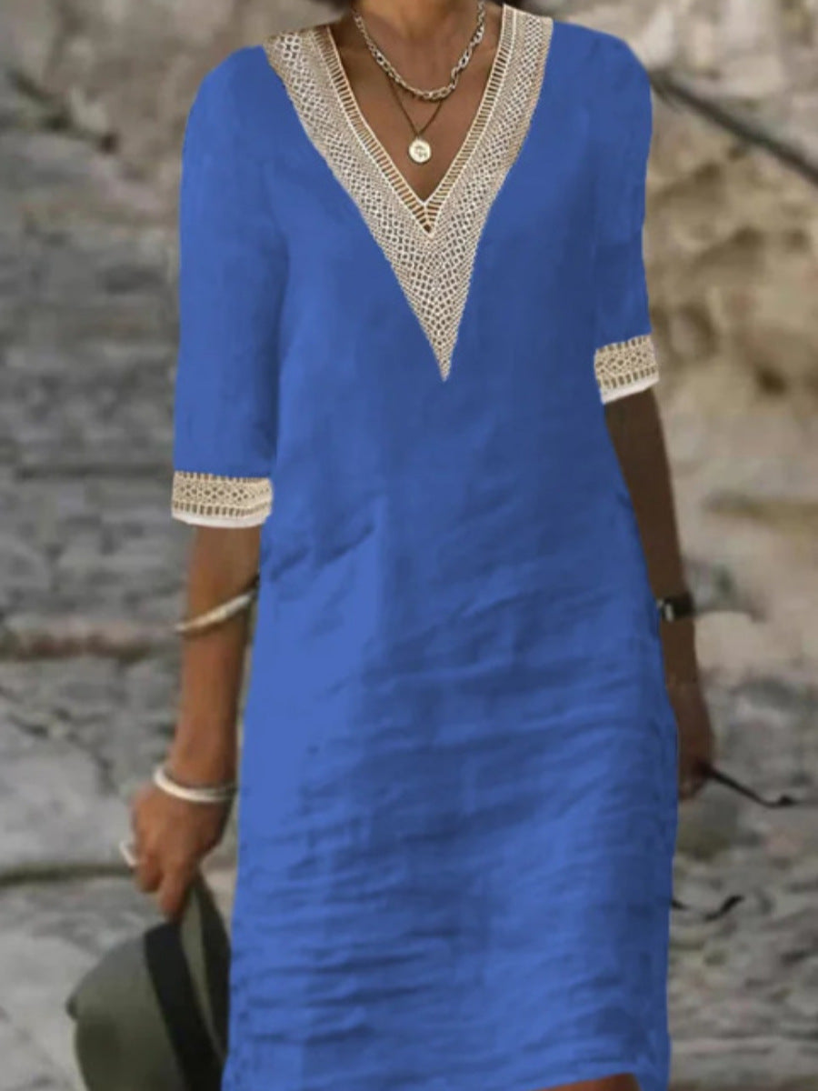 Damen Leinenlook Midi Kleid mit gehäkeltem V-Ausschnitt und 3/4 Ärmeln Echoarchiv