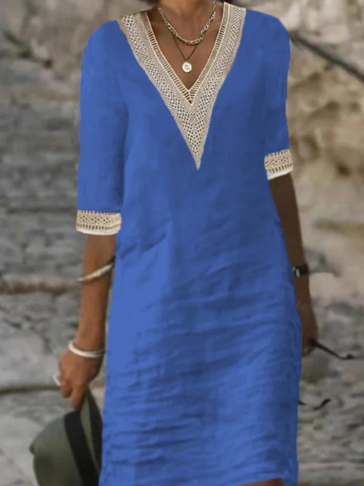 Damen Leinenlook Midi Kleid mit gehäkeltem V-Ausschnitt und 3/4 Ärmeln Echoarchiv