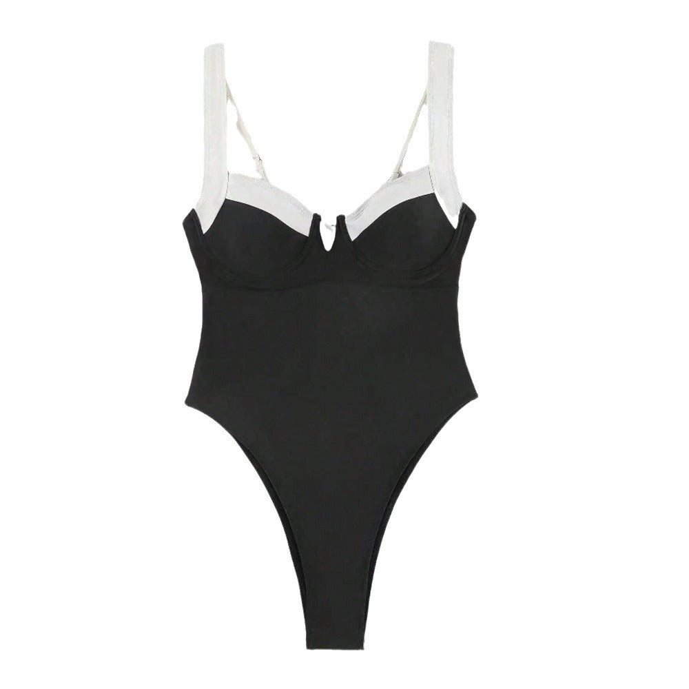 Damen Eleganter Hochschneider-Badeanzug mit modischen Trägerdetails Echo Archiv