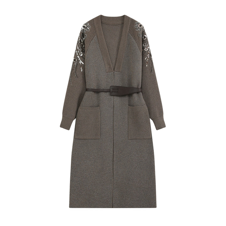 Damen Strick-Midikleid mit tiefem V-Ausschnitt, Taillengürtel und paillettenverzierten Ärmeln Echoarchiv
