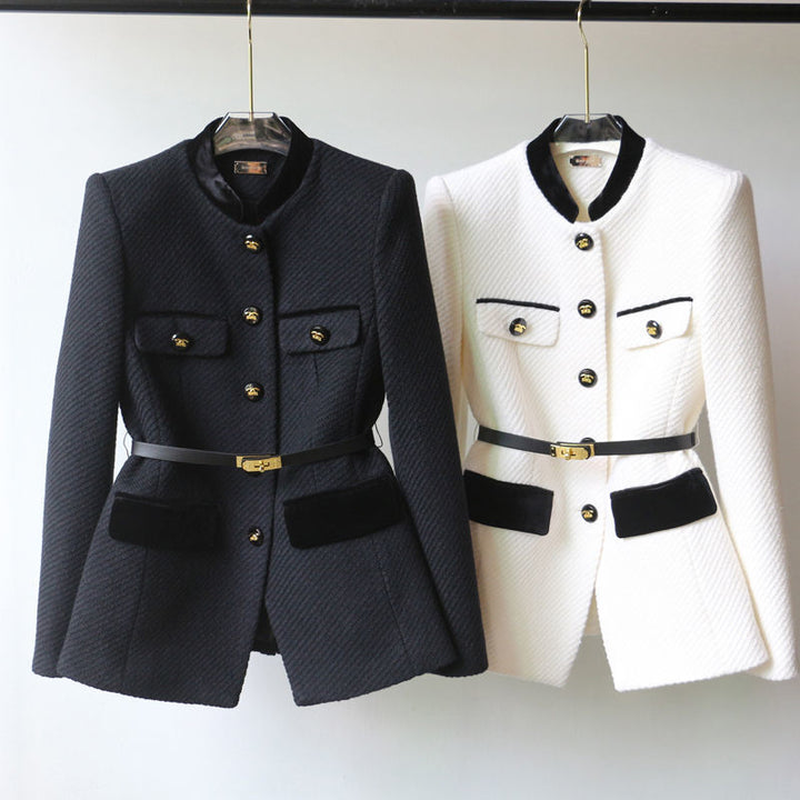 Damen Elegante Bouclé-Blazerjacke mit Samtbesatz und Taillengürtel – Valéne