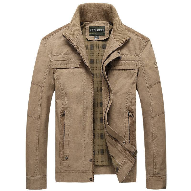 Herren Canvas-Übergangsjacke mit Rippenkragen, verdecktem Reißverschluss und kariertem Innenfutter – Taviero