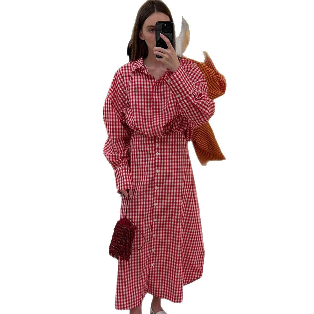 Damen Karo-Maxikleid mit durchgehender Knopfleiste, taillierter Schärpe und verlängerten Manschetten Echoarchiv