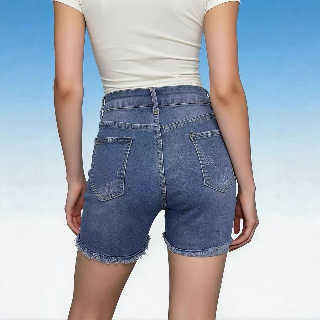 Damen lässige High-Waist Denim-Shorts mit Fransen und modischen Destroyed-Details Echo Archiv