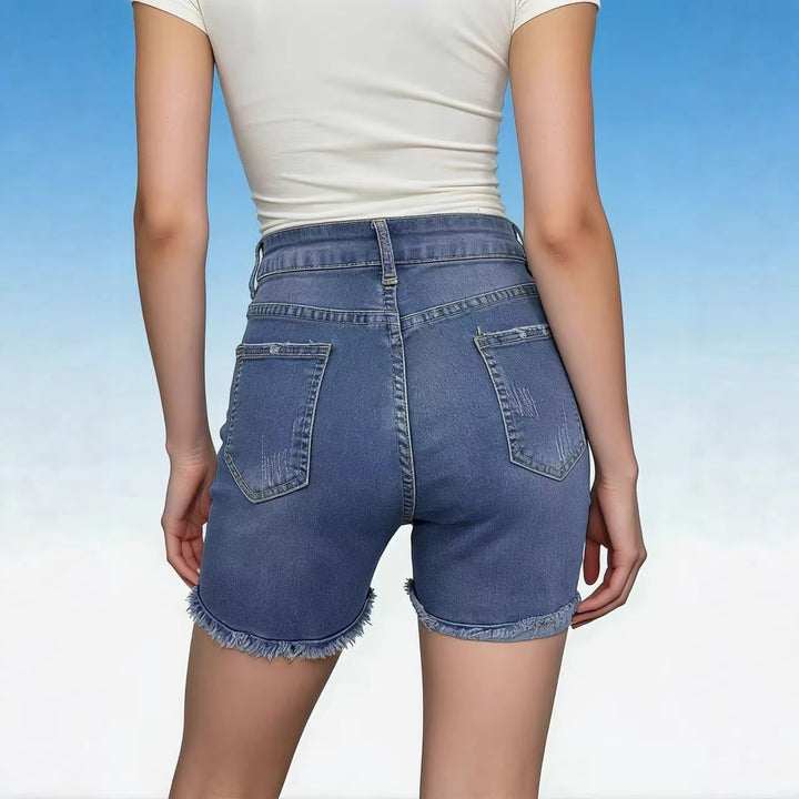 Damen lässige High-Waist Denim-Shorts mit Fransen und modischen Destroyed-Details Echo Archiv