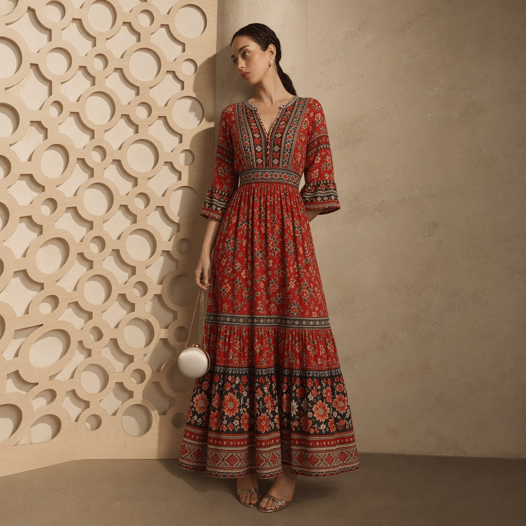 Damen langes Boho-Maxi-Kleid mit V-Ausschnitt geraffter Taille und mehrlagigem Stufenrock – Valéora
