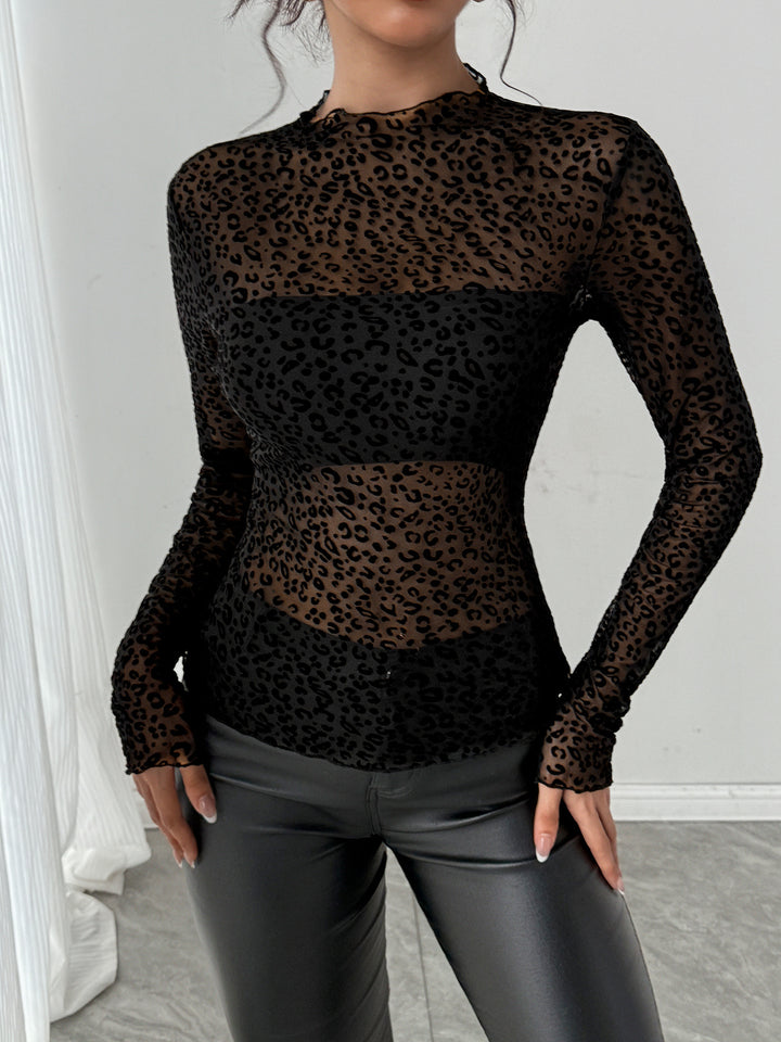 Damen nan eng anliegendes Transparenz-Mesh-Top mit erhabenem Samtflock-Leoprint und Stehkragen Echo Archiv