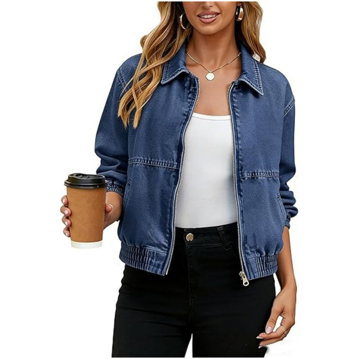 Damen Jeans-Bomberjacke mit Reißverschluss, elastischem Saum und Hemdkragen Echo Archiv