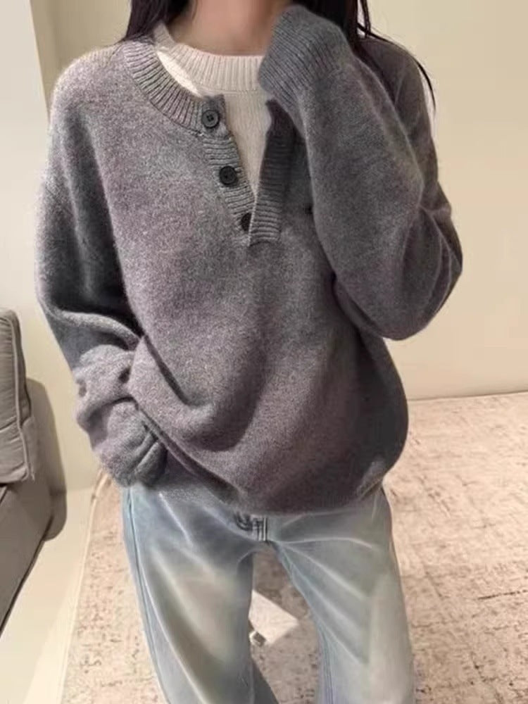 Damen Oversize-Henley-Pullover aus flauschigem Mohair‑Look mit Knopfleiste Echoarchiv
