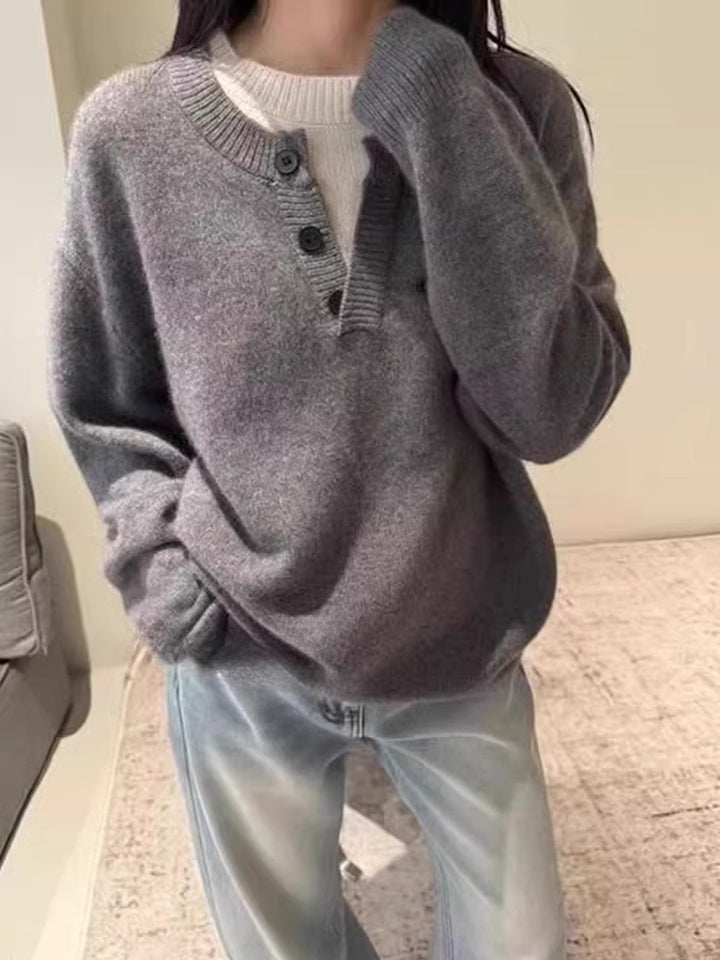 Damen Oversize-Henley-Pullover aus flauschigem Mohair‑Look mit Knopfleiste Echoarchiv