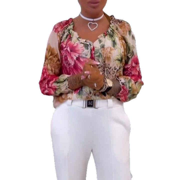 Damen nan Seidenoptik-Bluse mit floral-animalischem Print, V-Ausschnitt, Raffung und Manschetten Echo Archiv