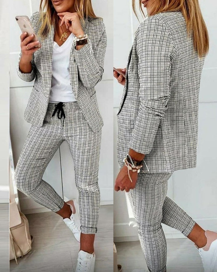 Damen nan zweiteiliges Karomuster Business-Casual Blazer-Set mit elastischer Bundhose Echo Archiv
