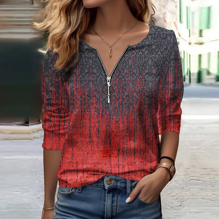 Damen Langarmshirt mit Reißverschluss-V-Ausschnitt und strukturierter Ombré-Print – Avérine